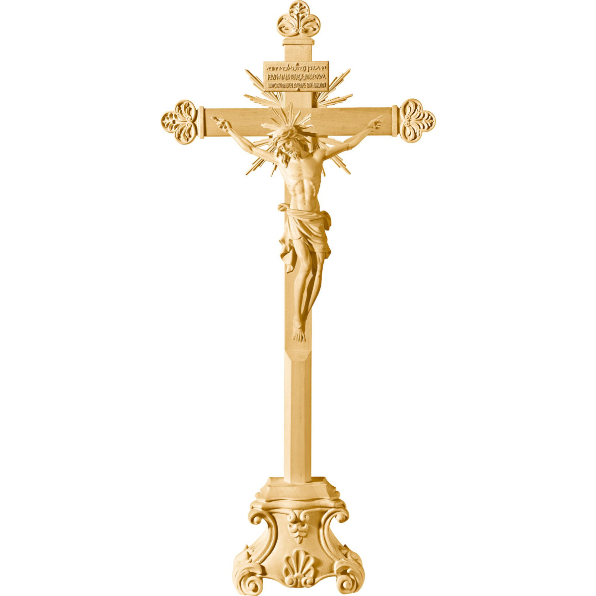 Cristo Pisa en cruz barroca con rayos en peana y Titulus Crucis en hebreo - latín - griego